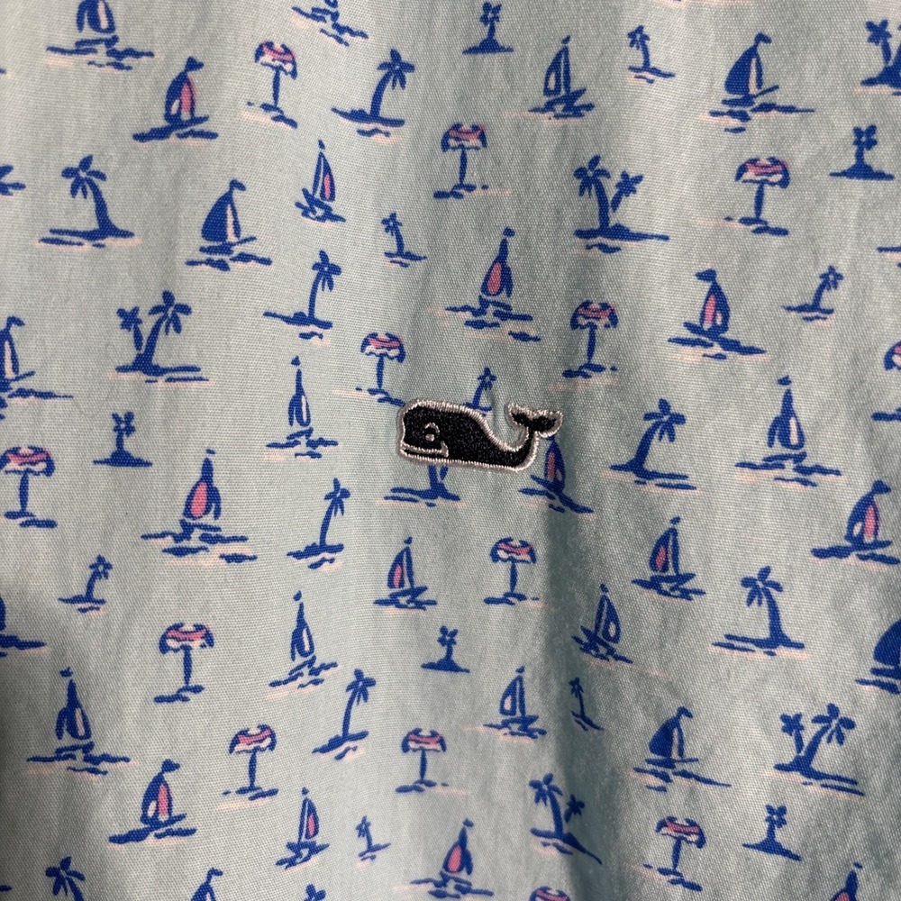 Vineyard Vines Shirt Men XL Slim Fit Whale All Over Print Tropical Palm Tree - Picture 2 of 11